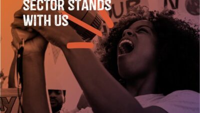 The phrases "We need to know the humanitarian sector stands with us" and "The Active but Underfunded Role Young Women and Girls Play in Crises" are set on a photo of a young Black woman talking into a megaphone at a protest.