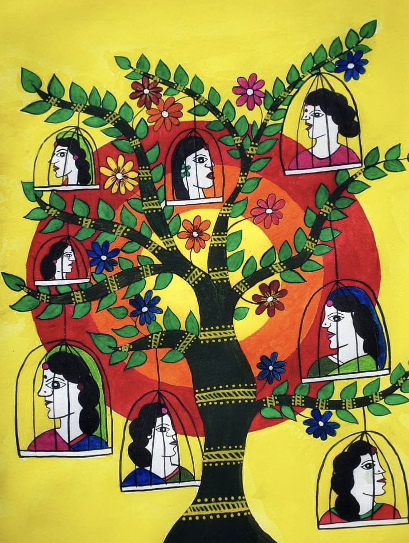 The Caged Protection: This painting responds to Nepal’s proposed bill requiring women under 40 to get permission to travel abroad. A woman's head is caged and hung from a tree, symbolizing state control and the denial of her fundamental right to mobility.