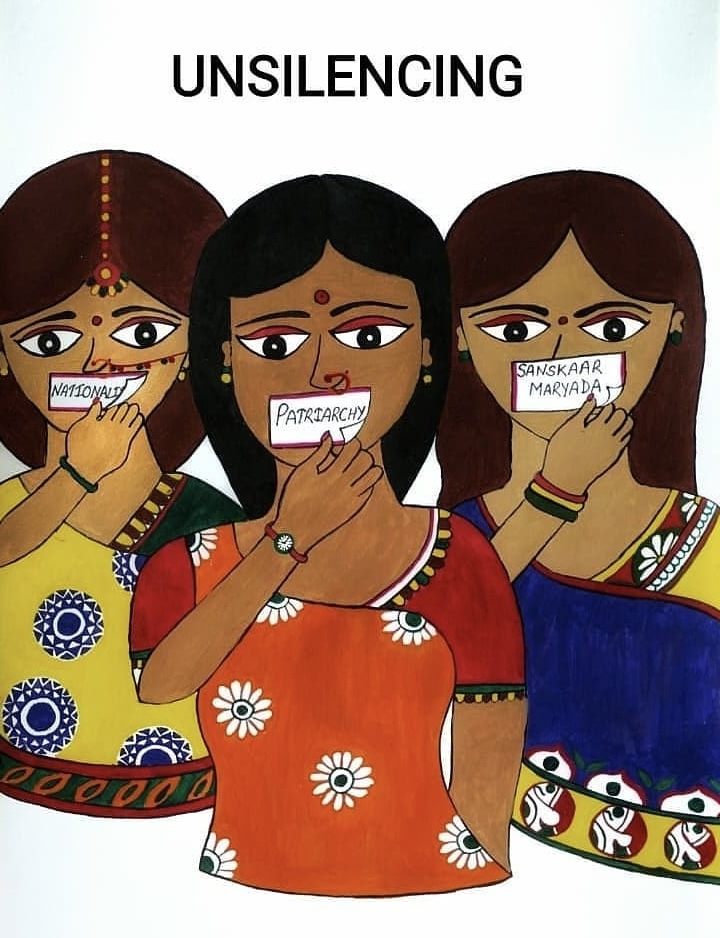 Un-silencing: Nepal’s mainstream feminist movement is Kathmandu-centric, often overlooking Madhesi women. This painting challenges their stereotypical portrayal, highlighting their significant role in the Madhesi movement and ongoing feminist struggles.
